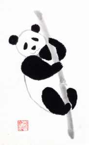 Panda jeune serré au bambou